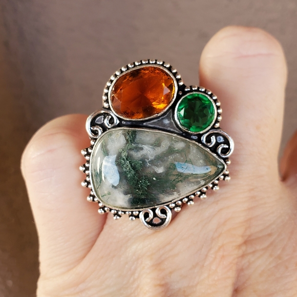 New Huge Moss Agate and Citrine 925 Silver Ring. - Picture 14 of 16